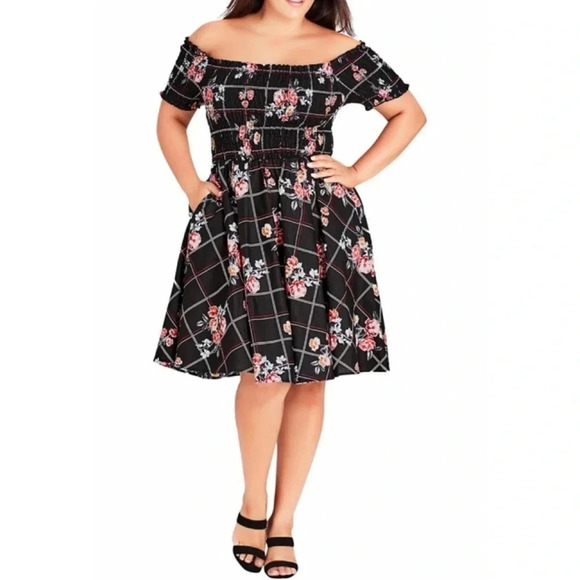 New City Chic Smock Off the Shoulder Dress Picnic bouquet floral print pockets - Picture 1 of 12
